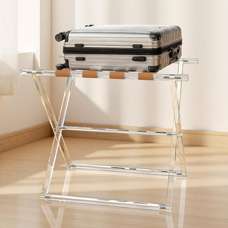 Verssure Acrylic Luggage Rack for Guest Room,Folding Luggage Rack with Leather Straps,Holds up to 120 lbs Suitcase Stand for Bedroom, Living Room and Hotel (Brown Leather) - Image 2